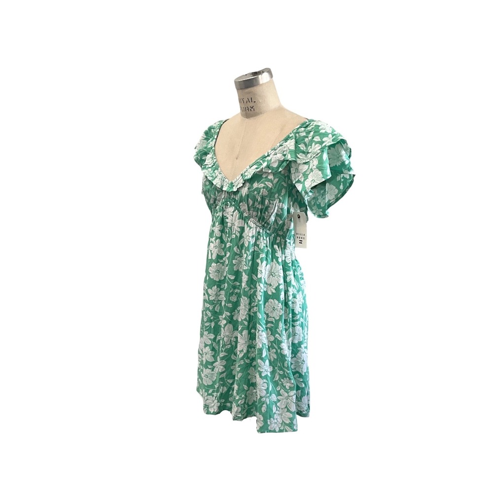 Billabong Enchant Me Floral Mini Dress Green Sweetheart Flutter Sleeve M NWT - Picture 4 of 14